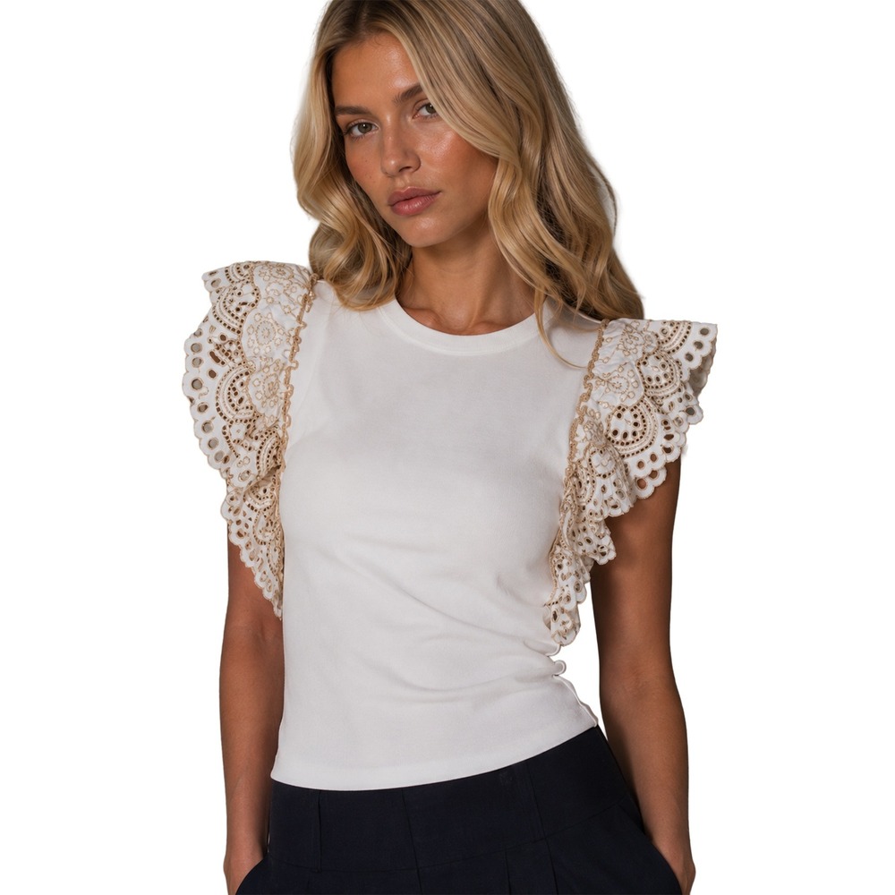 Veronica Beard Jeans White Eyelet Ruffle Flutter Sleeve Top Blouse XS